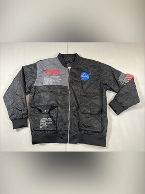 Asstseries NASA Logo Bomber Jacket Windbreaker USA Flag Patch Black Size L